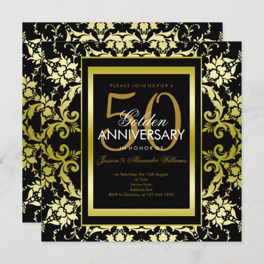 Invitation Or Damassé Glamour 50e Anniversaire de Mariage (Devant / Derrière)