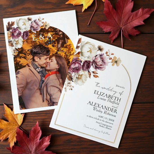 Invitation Or d'arc floral de Bourgogne | Mariage photo d'aut