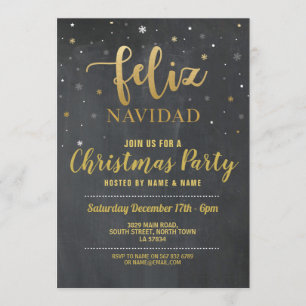 Invitation Or de Feliz Navidad et fête de Noël noire de craie