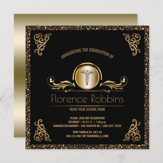 Invitation Or de la fête de remise des diplômes | (Devant / Derrière)