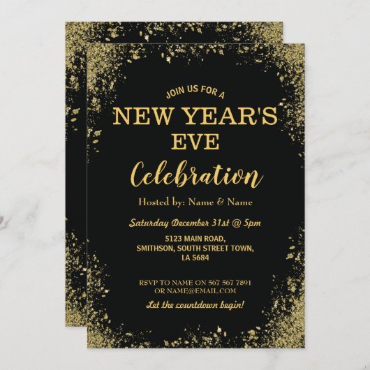 Invitation Or de noir de partie de célébration de réveillon (Devant / Derrière)