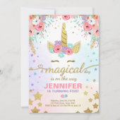 Invitation Or de rose d'invitation d'anniversaire de licorne (Devant)