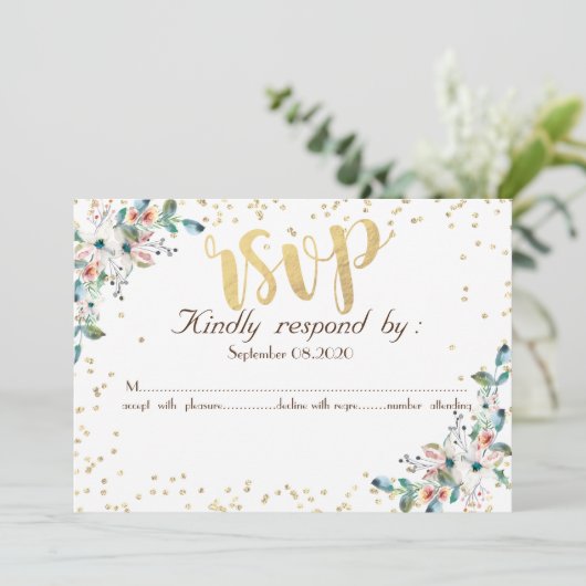 Invitation Or Diamants Bourgogne Fleurs  RSVP (Debout devant)