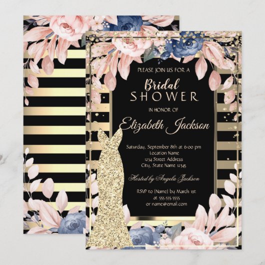 Invitation Or Diamants,Robe rayée Fleurs Mariage (Devant / Derrière)