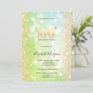 Invitation Or Diamants Vert Bleu Bokeh 100e Anniversaire