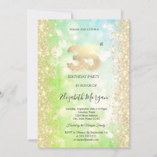 Invitation Or Diamants Vert Bleu Bokeh 35e Anniversaire