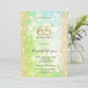 Invitation Or Diamants Vert Bleu Bokeh 65e Anniversaire