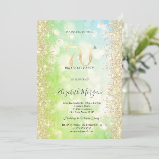 Invitation Or Diamants Vert Bleu Bokeh 70e Anniversaire (Debout devant)