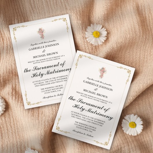 Invitation Or Élégant Bordure Nuptial Messe Blanc