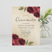 Invitation Or Elegant Bourgogne Fleurs Rouges Quinceanera (Debout devant)