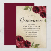 Invitation Or Elegant Bourgogne Fleurs Rouges Quinceanera (Devant / Derrière)
