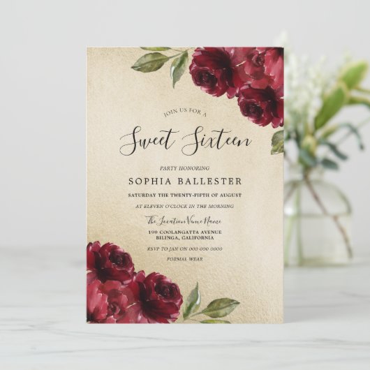 Invitation Or Elégant Bourgogne Rouge Fleurs Douce 16 (Debout devant)