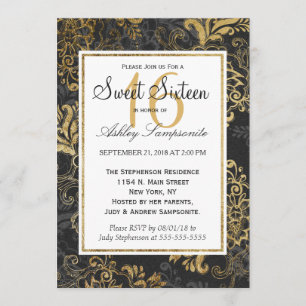 Invitation Or élégant élégant de Faux, noir, et floral gris