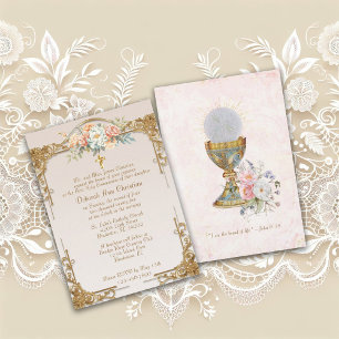 Invitation Or encadré Croix florale Sainte Communion Invitati