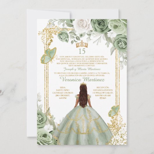 Invitation Or espagnol 15 Años Sage Green Princesse Anniversa (Devant)