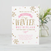 Invitation Or et anniversaire d'Onederland d'hiver rose (Debout devant)