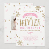 Invitation Or et anniversaire d'Onederland d'hiver rose (Devant / Derrière)