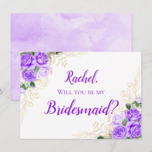 Invitation Or et aquarelle Floral Violet Roses Bridesmaid (Devant / Derrière)