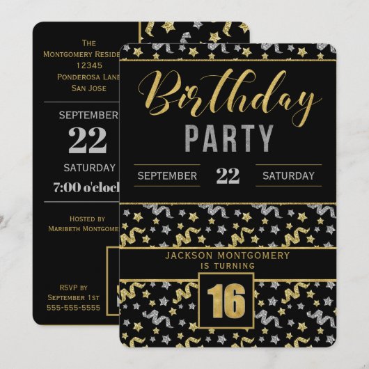 Invitation Or et argent sur Noir 16e anniversaire Confetti (Devant / Derrière)