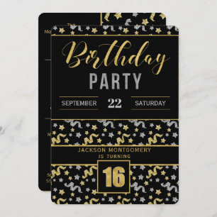 Invitation Or et argent sur Noir 16e anniversaire Confetti