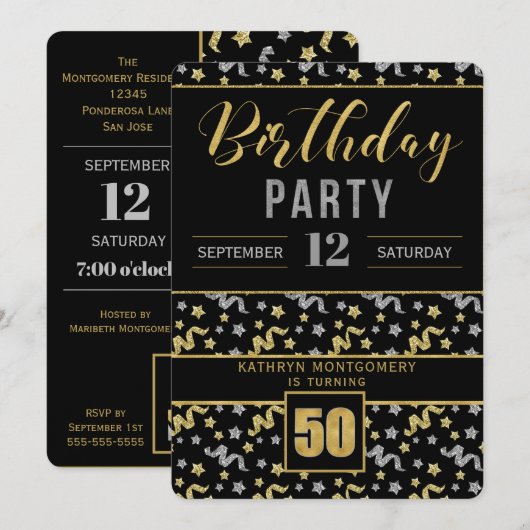 Invitation Or et argent sur Noir 50e anniversaire Confetti (Devant / Derrière)