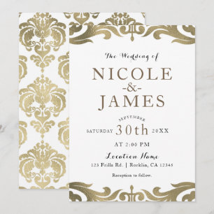 Invitation Or et Blanc Damassé Chic Élégant Mariage Minimalis