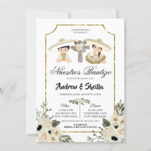 Invitation Or et blanc Floral Twin Boy Girl Bautizo