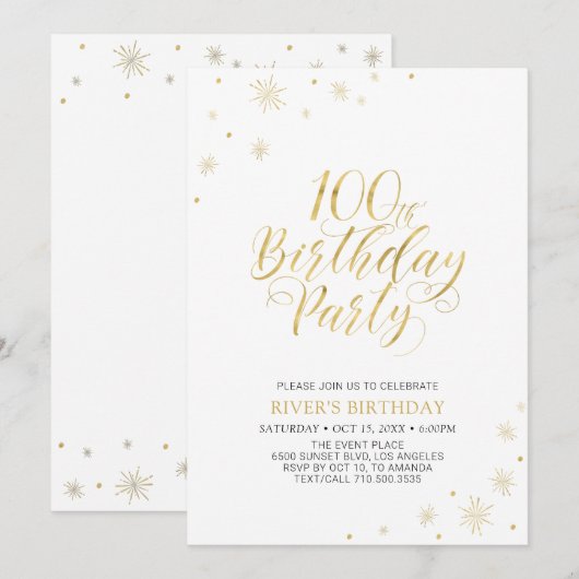 Invitation Or et blanc | Modern Chic 100th Birthday Party (Devant / Derrière)