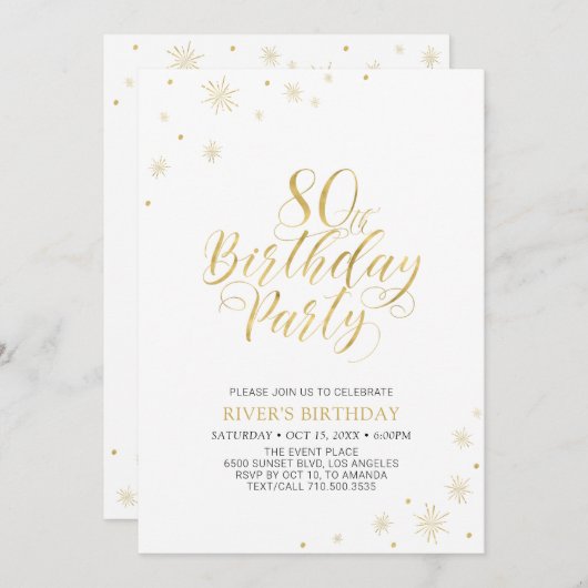 Invitation Or et blanc | Modern Chic fête d'anniversaire 80e (Devant / Derrière)