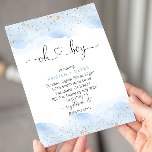 Invitation Or et bleu aquarelle Oh Baby shower garçon