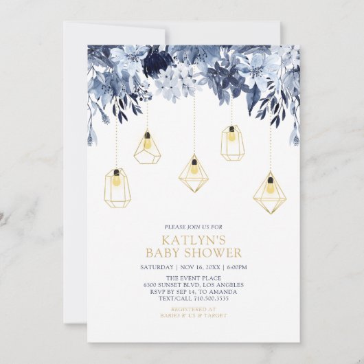 Invitation Or et bleu | Baby shower chic Boho (Devant)