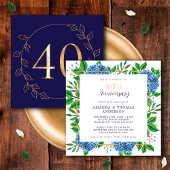 Invitation Or et bleu Hydrangea 40e anniversaire de Mariage