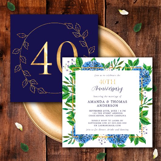 Invitation Or et bleu Hydrangea 40e anniversaire de Mariage