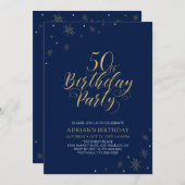 Invitation Or et bleu marine | Modern Chic 50th Birthday Part (Devant / Derrière)