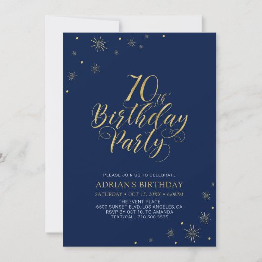 Invitation Or et bleu marine | Modern Chic 70th Birthday Part (Devant)