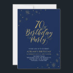 Invitation Or et bleu marine | Modern Chic 70th Birthday Part<br><div class="desc">Fêtons votre journée spéciale avec cette élégante invitation à la fête du 70e anniversaire d'or. Ce design présente une typographie or chic et des éléments or avec un arrière - plan bleu marine. Vous pouvez customiser le texte et la couleur arrière - plan. Plus d'articles correspondants disponibles dans ma boutique...</div>
