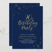 Invitation Or et bleu marine | Modern Chic 90th Birthday Part (Devant / Derrière)