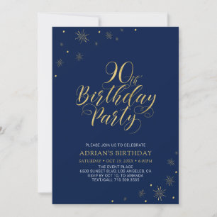 Invitation Or et bleu marine   Modern Chic 90th Birthday Part