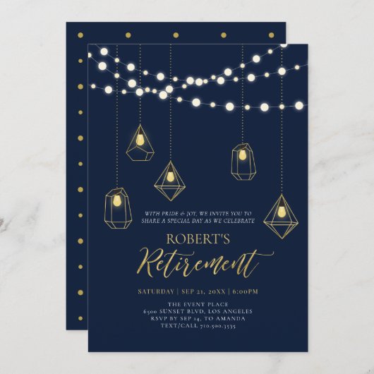 Invitation Or et bleu marine | String Lights RetiParty (Devant / Derrière)