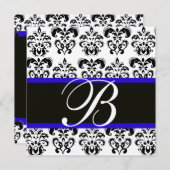 Invitation OR ET BLEU NOIR DAMAS MONOGRAMME, blanc (Devant / Derrière)