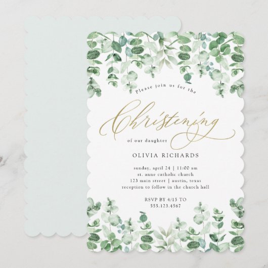 Invitation Or et Eucalyptus Elégant Aquarelle Christening (Devant / Derrière)