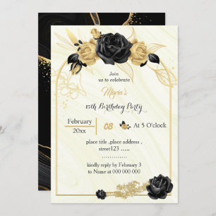 Invitation or et fleurs noires anniversaire géométrique