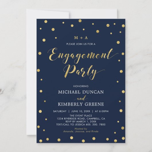 Invitation Or et marine | Confetti moderne Engagement Party I (Devant)