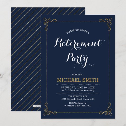 Invitation Or et marine | Elegant Classy Retirement Party (Devant / Derrière)