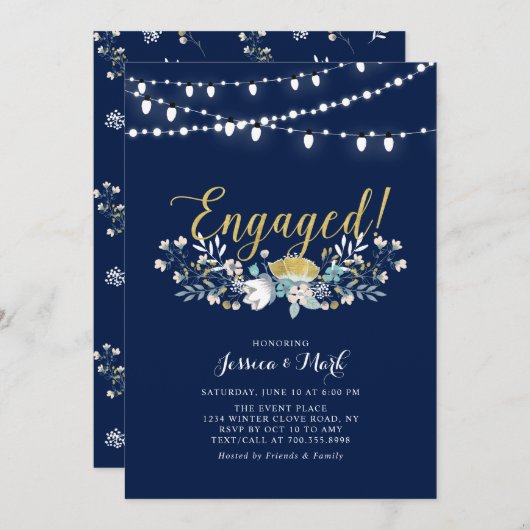 Invitation Or et marine | Flamme Boho Floral Engagement Party (Devant / Derrière)