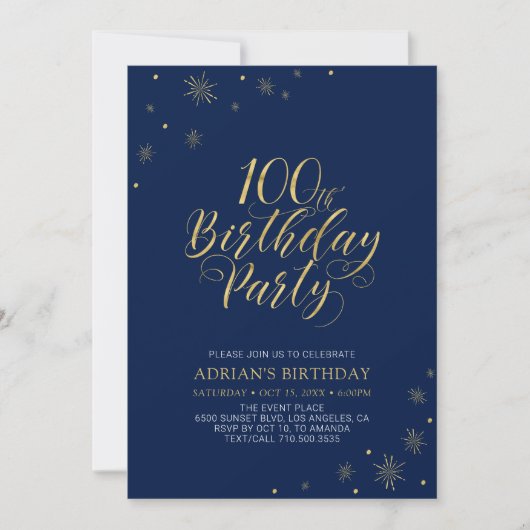 Invitation Or et marine | Modern Chic 100th Birthday Party (Devant)