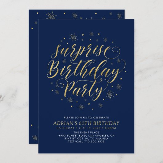 Invitation Or et marine | Moderne Chic Surprise fête d'annive (Devant / Derrière)