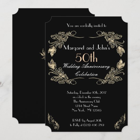 Invitation Or et noir glamour 50e anniversaire de mariage (Devant / Derrière)