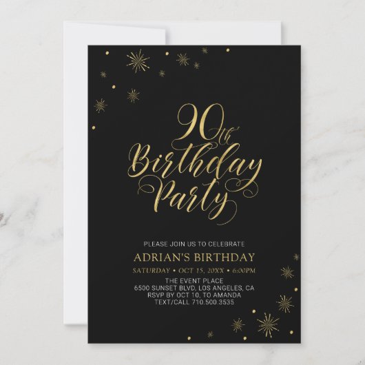 Invitation Or et noir | Modern Chic 90th Birthday Party (Devant)