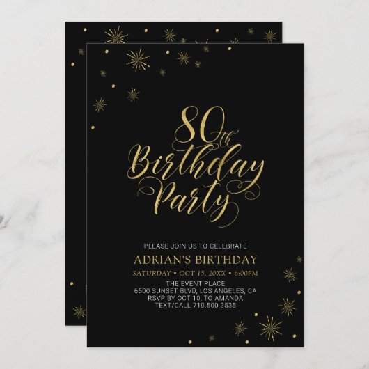 Invitation Or et noir | Modern Chic fête d'anniversaire 80e (Devant / Derrière)